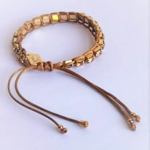 NWT Mixing Crystals Corded Thread, Macramé Logo, Tory Gold/Sand Bracelet